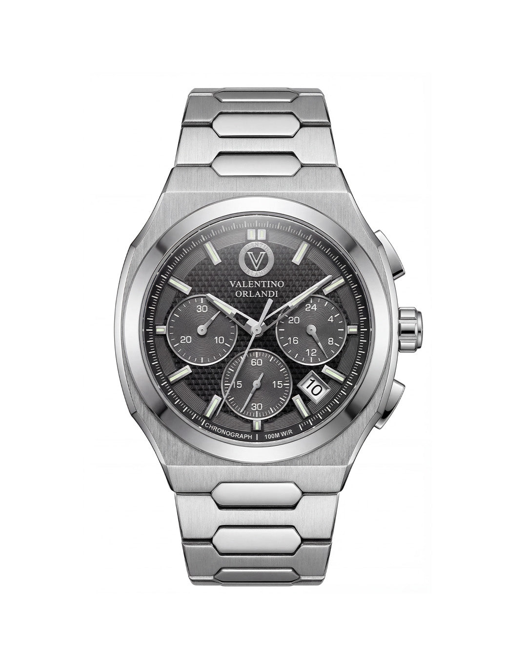 A Valentino Orlando men's chronograph watch featuring a brushed stainless steel case and link bracelet, with a dark gray dial and silver-tone indices.