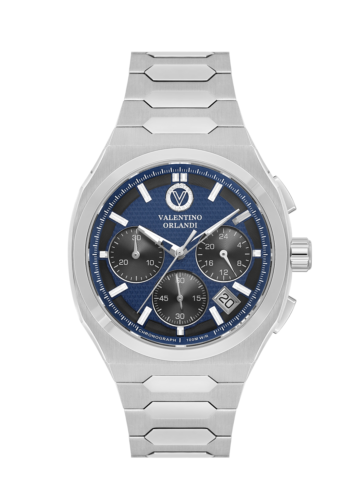 A silver-tone stainless steel wristwatch with a blue dial and three black subdials, featuring the Valentino Orlando brand name on the face, set against a plain white background.