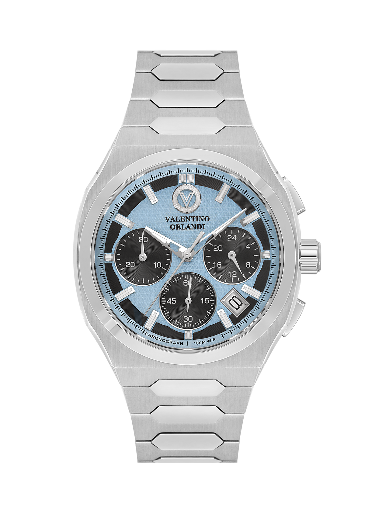 A Valentino Orlandi stainless steel chronograph watch with a light blue dial and black subdials, shown on a clean white background.
