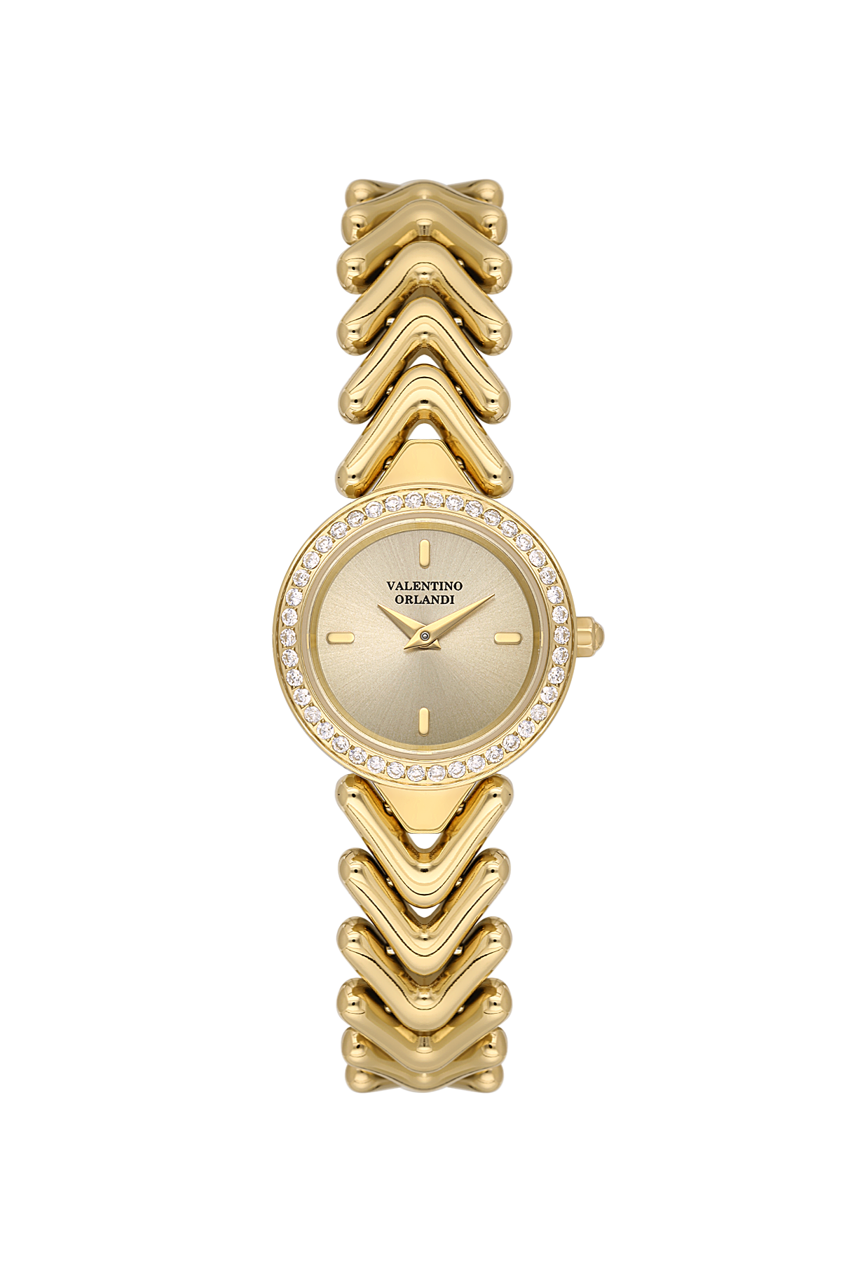 A gold-tone Valentino Orlando watch with a distinctive chevron link bracelet, a bezel set with clear crystals, and a matching gold dial.