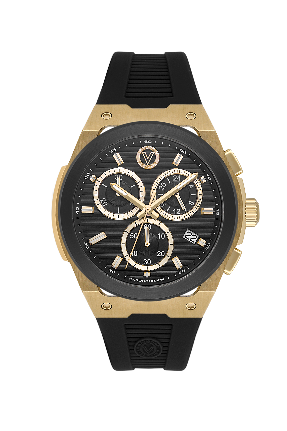 A luxury chronograph watch featuring a gold-tone case, a black dial with three sub-dials, and a black textured rubber strap, shown against a plain white background.