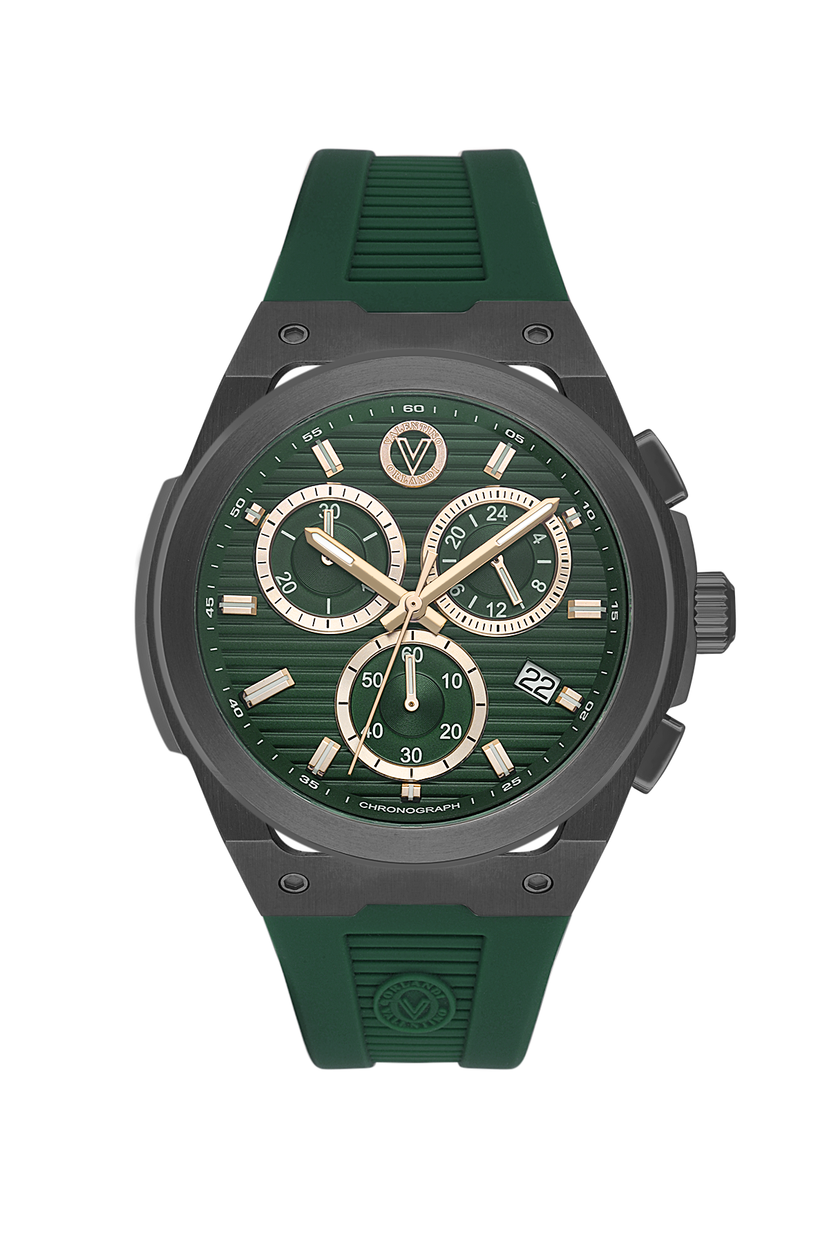 A chronograph wristwatch with a dark green textured dial, matching green silicone strap, and a dark gray metallic case with gold-tone hands and markers.