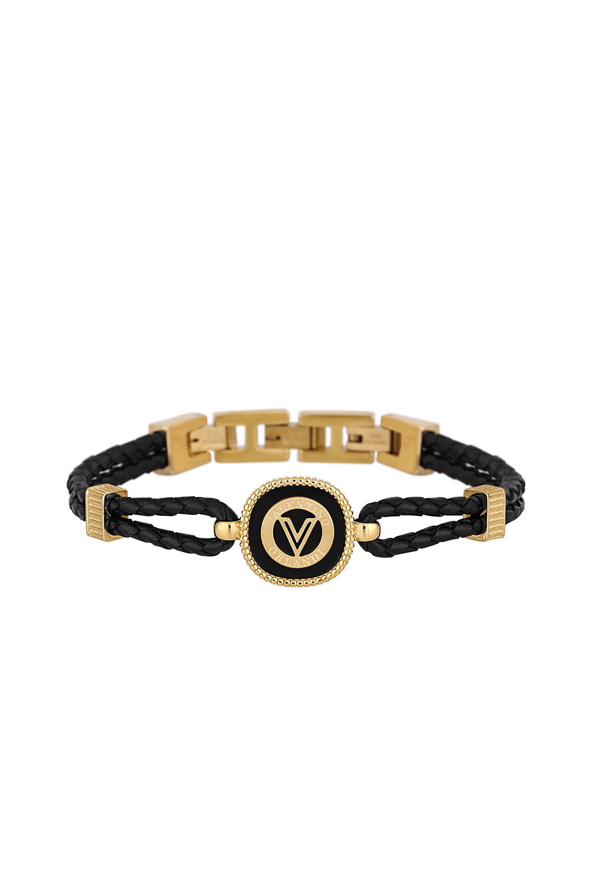 A black braided cord bracelet with gold-tone metal accents, featuring a central round medallion with a stylized 'V' logo and a geometric link clasp.