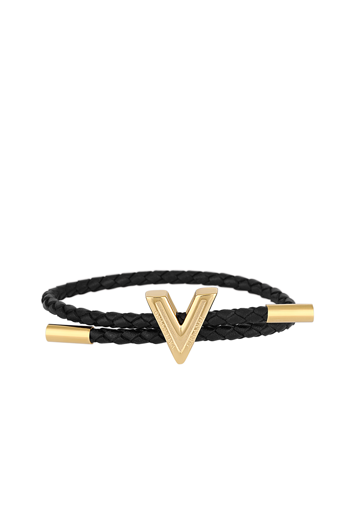 A black braided leather bracelet with a gold-tone V-shaped metal centerpiece and gold end caps, shown on a plain white background.