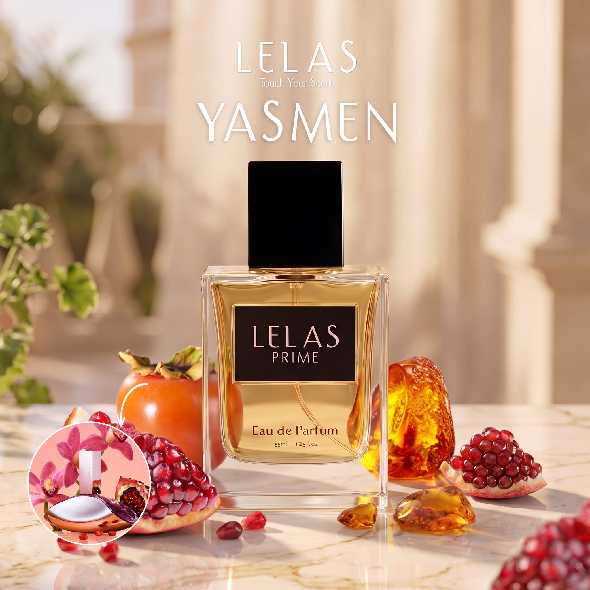 A bottle of LELAS PRIME YASMEN Eau de Parfum is centered on a marble surface, surrounded by pomegranate halves, amber resin pieces, and a persimmon, with a blurred architectural background. A circular inset shows the perfume bottle and wax melt packaging.