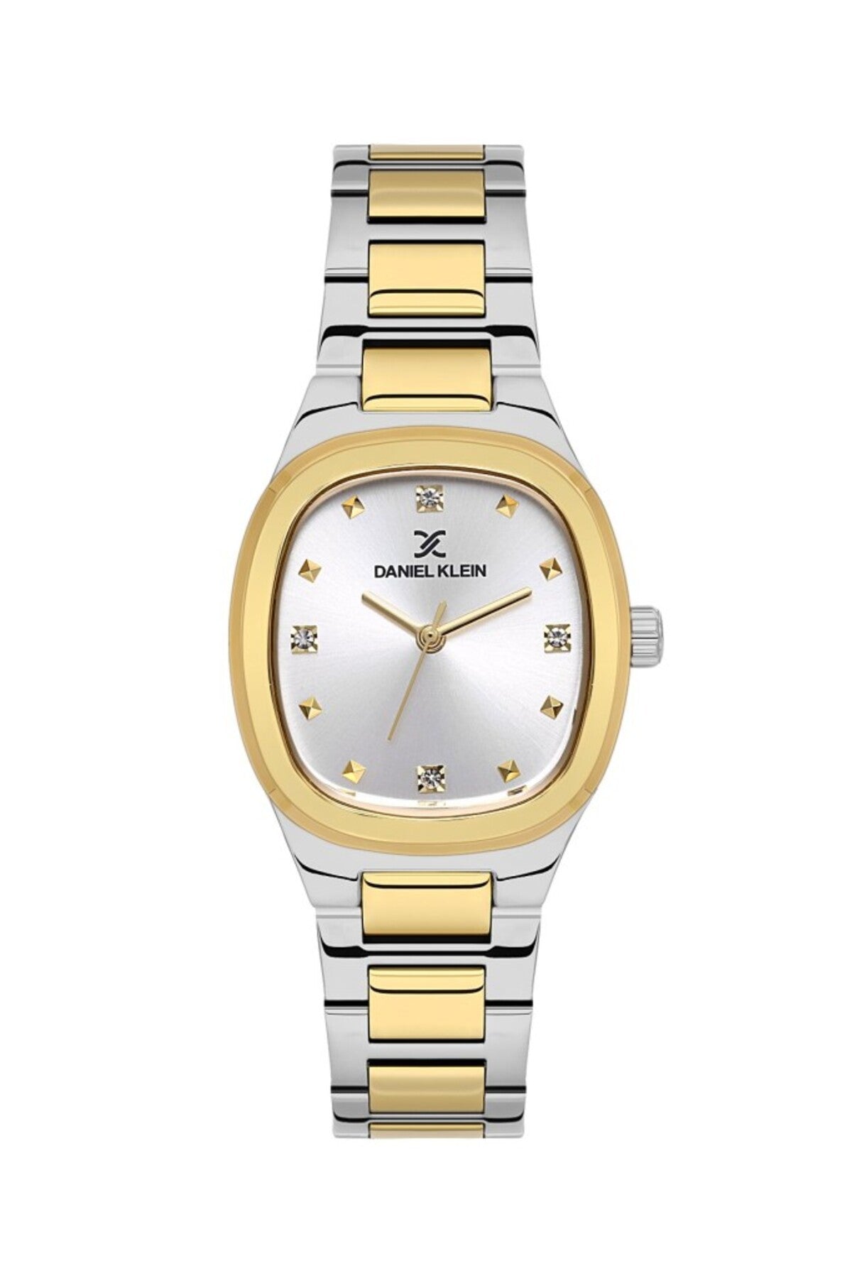 Two-tone gold and silver watch with a white face on a white background