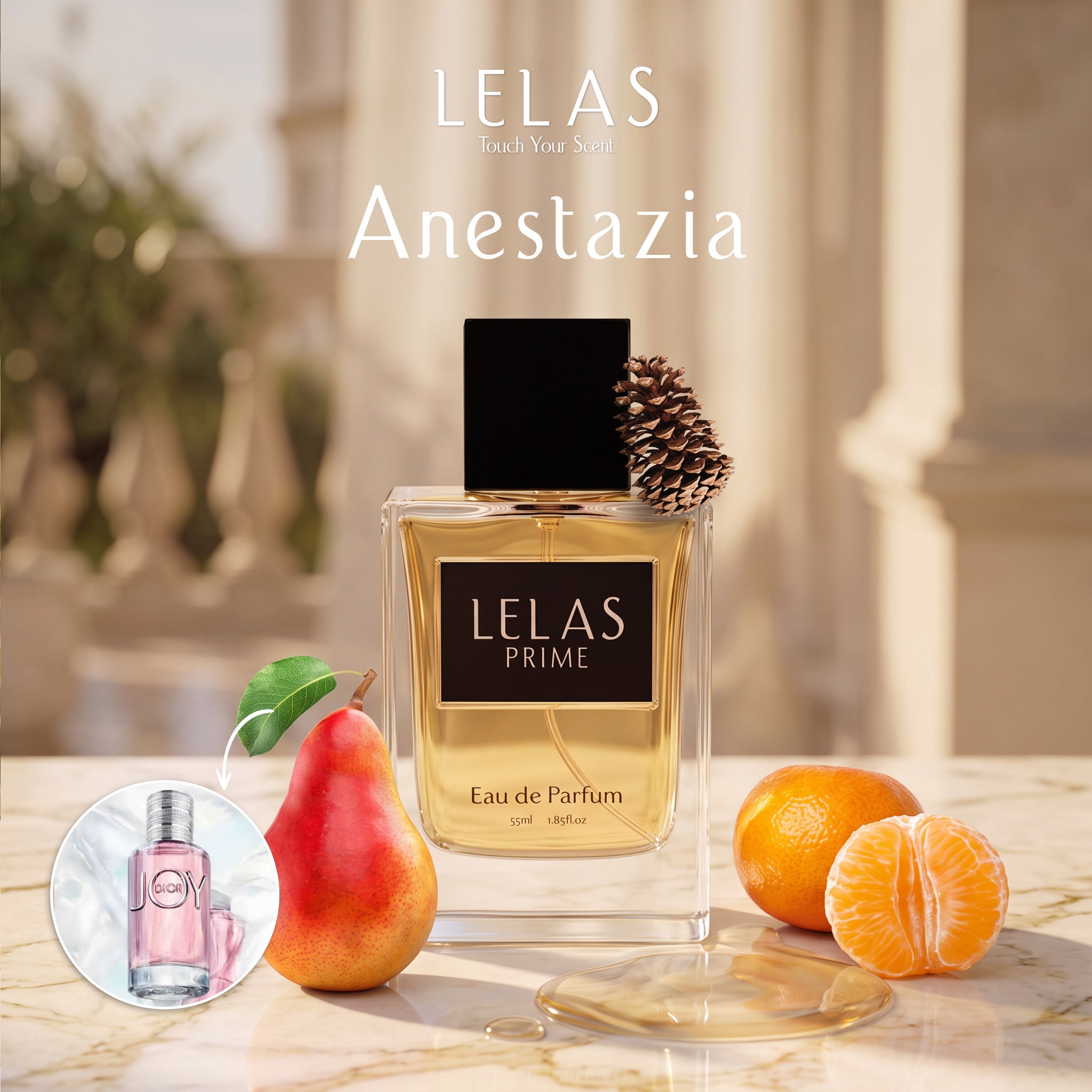 A bottle of LELAS PRIME Eau de Parfum is centered on a marble surface with a pear, orange, and mandarin arranged around it. Large text at the top reads 'LELAS Anestazia.