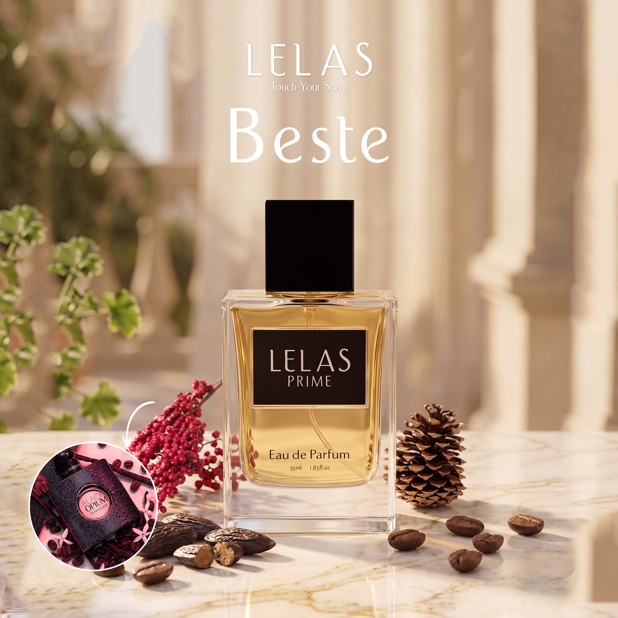 A bottle of LELAS PRIME Eau de Parfum is displayed on a marble surface with decorative elements including a pinecone, coffee beans, red berries, and a circular inset showing the packaging. The background is a warm, blurred architectural setting.