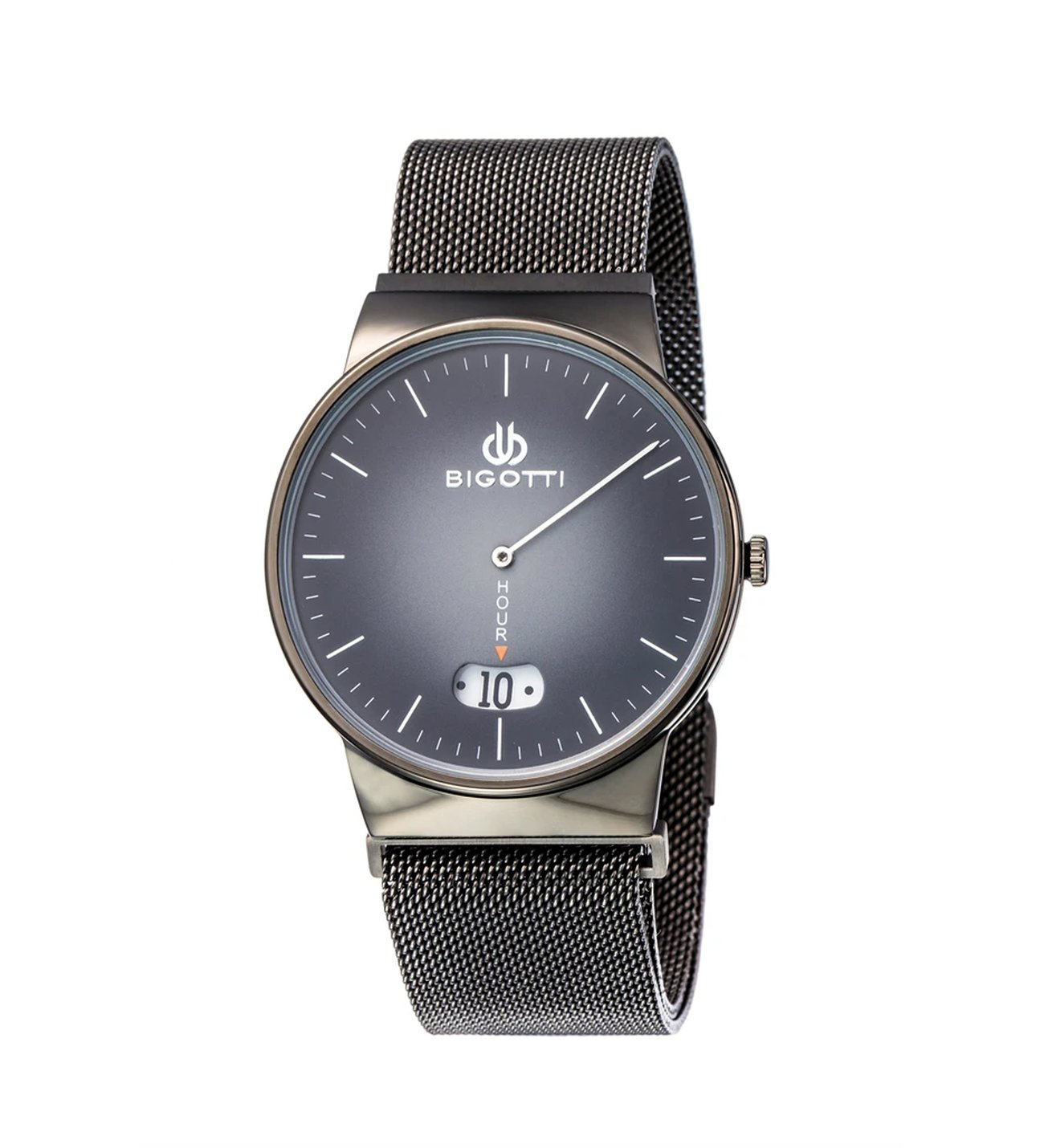 Black watch with mesh band on a white background