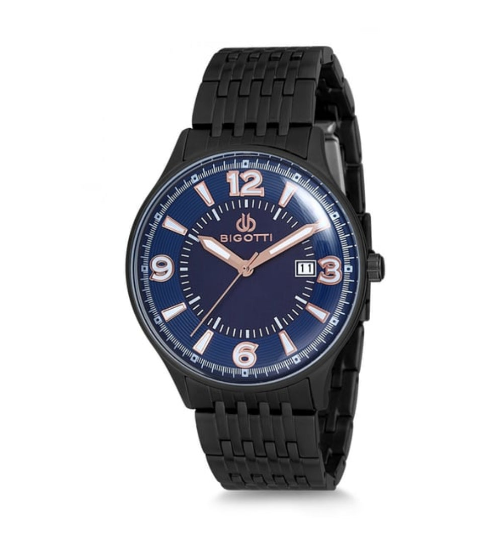 Black wristwatch with blue dial on a white background