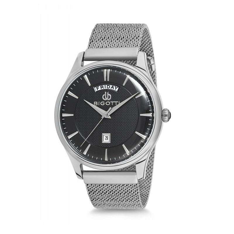 Silver watch with black face on a white background