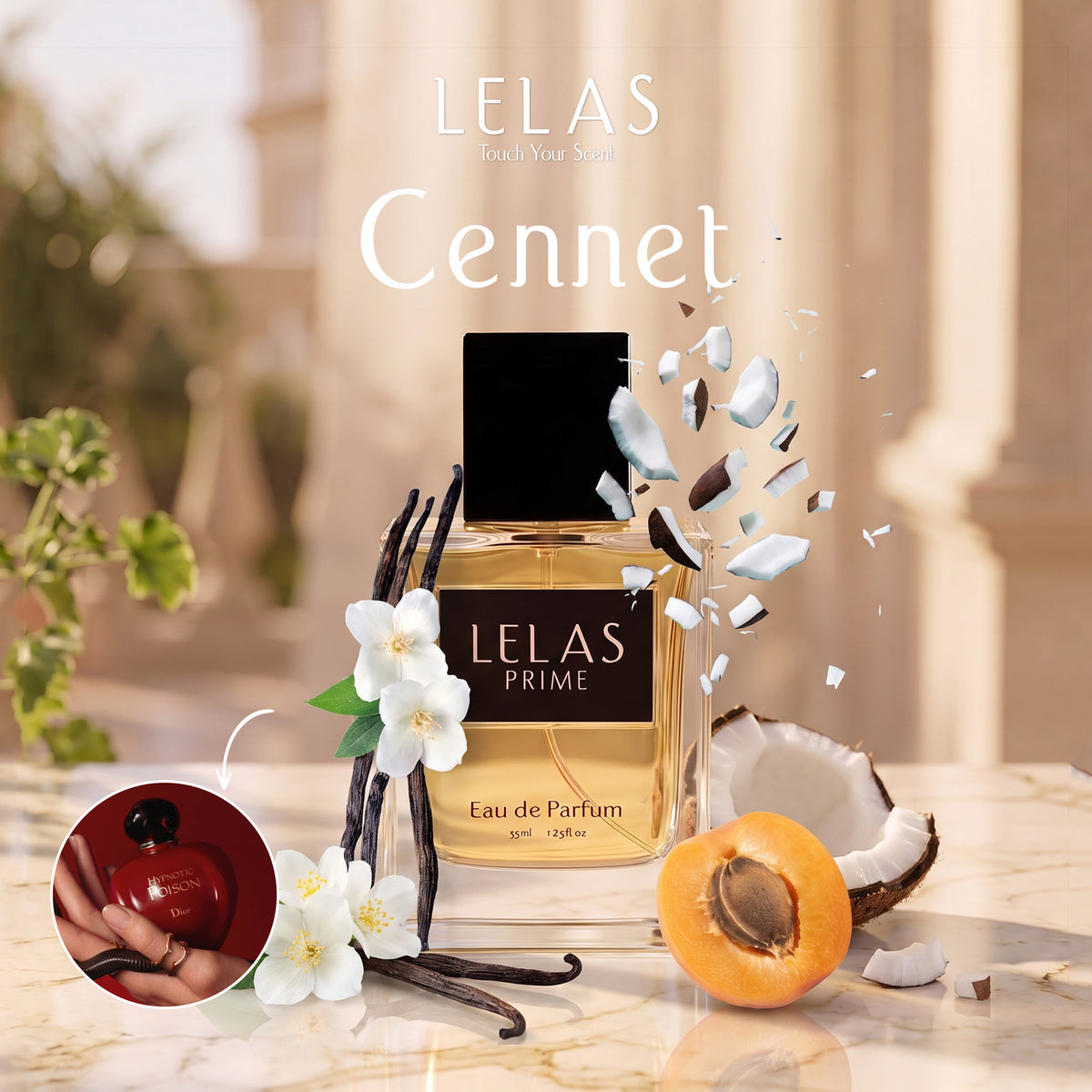 A bottle of LELAS PRIME Cennet Eau de Parfum is displayed on a marble surface with decorative ingredients including vanilla beans, white flowers, a halved apricot, and a coconut shell. A circular inset in the bottom-left corner shows a hand holding a red perfume bottle.