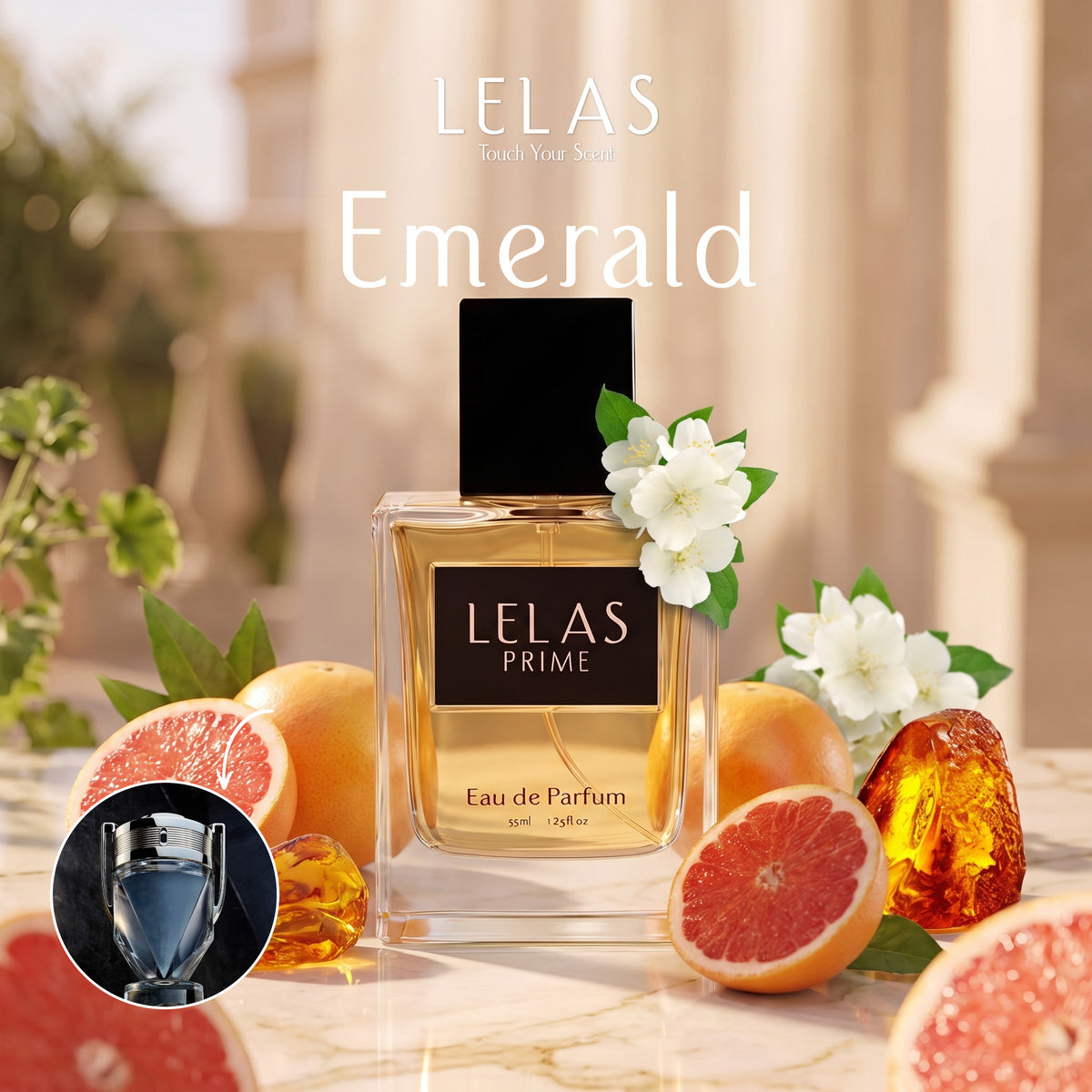A bottle of LELAS PRIME Eau de Parfum in the 'Emerald' scent, styled with citrus fruits, amber crystals, and white blossoms on a marble surface. A circular inset shows the blue liquid inside the glass bottle.