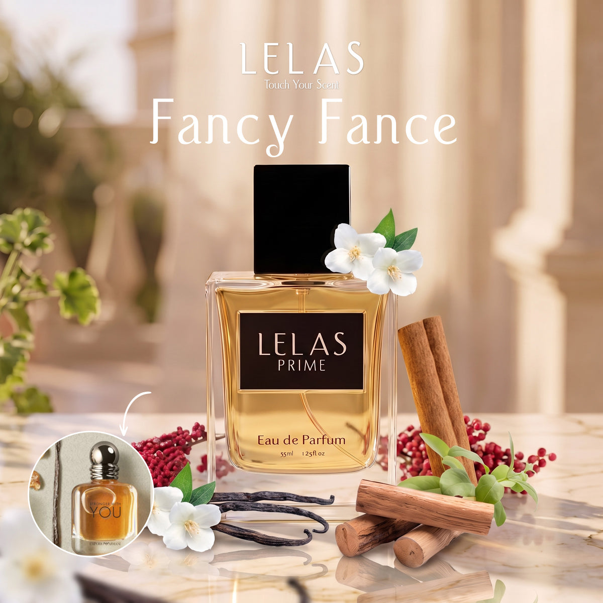 A bottle of LELAS PRIME 'Fancy Fance' Eau de Parfum is displayed on a marble surface with decorative elements including vanilla beans, cinnamon sticks, red berries, and white flowers. A circular inset shows the unapplied bottle with its silver cap.