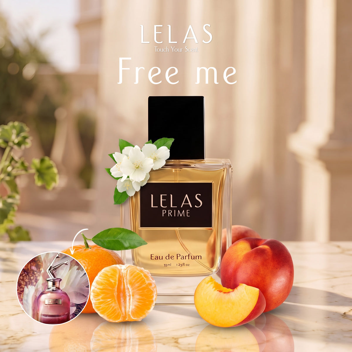 A bottle of LELAS PRIME Eau de Parfum is displayed on a marble surface with citrus fruits and a peach, set against a warm, blurred background of classical columns. The perfume bottle has a black cap and a black label with gold lettering, adorned with a white flower.