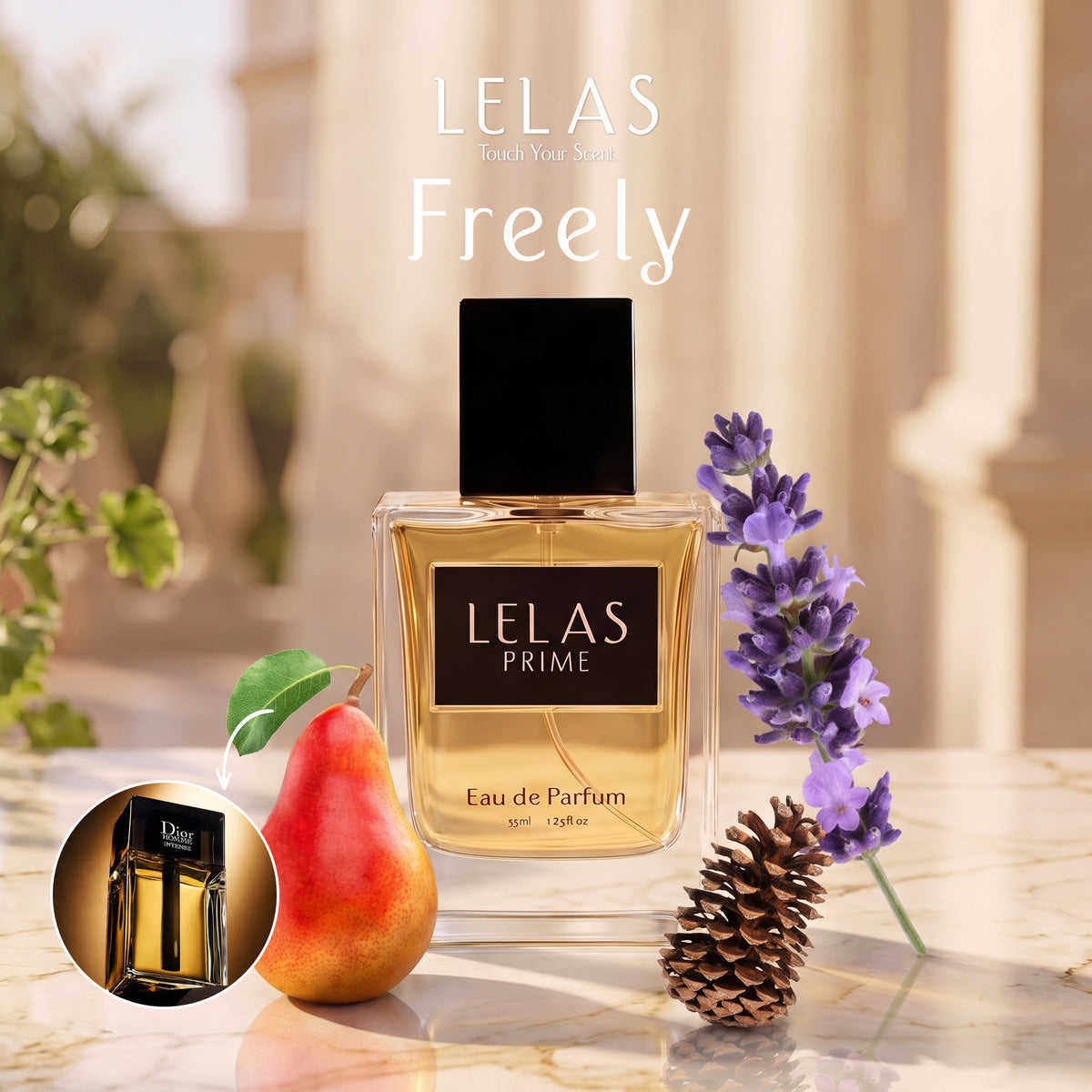 A bottle of LELAS PRIME Eau de Parfum is displayed on a marble surface with a pear, purple flowers, and a pinecone. A circular inset shows a Dior perfume bottle, which appears to be a comparison or inspiration rather than the product being sold.
