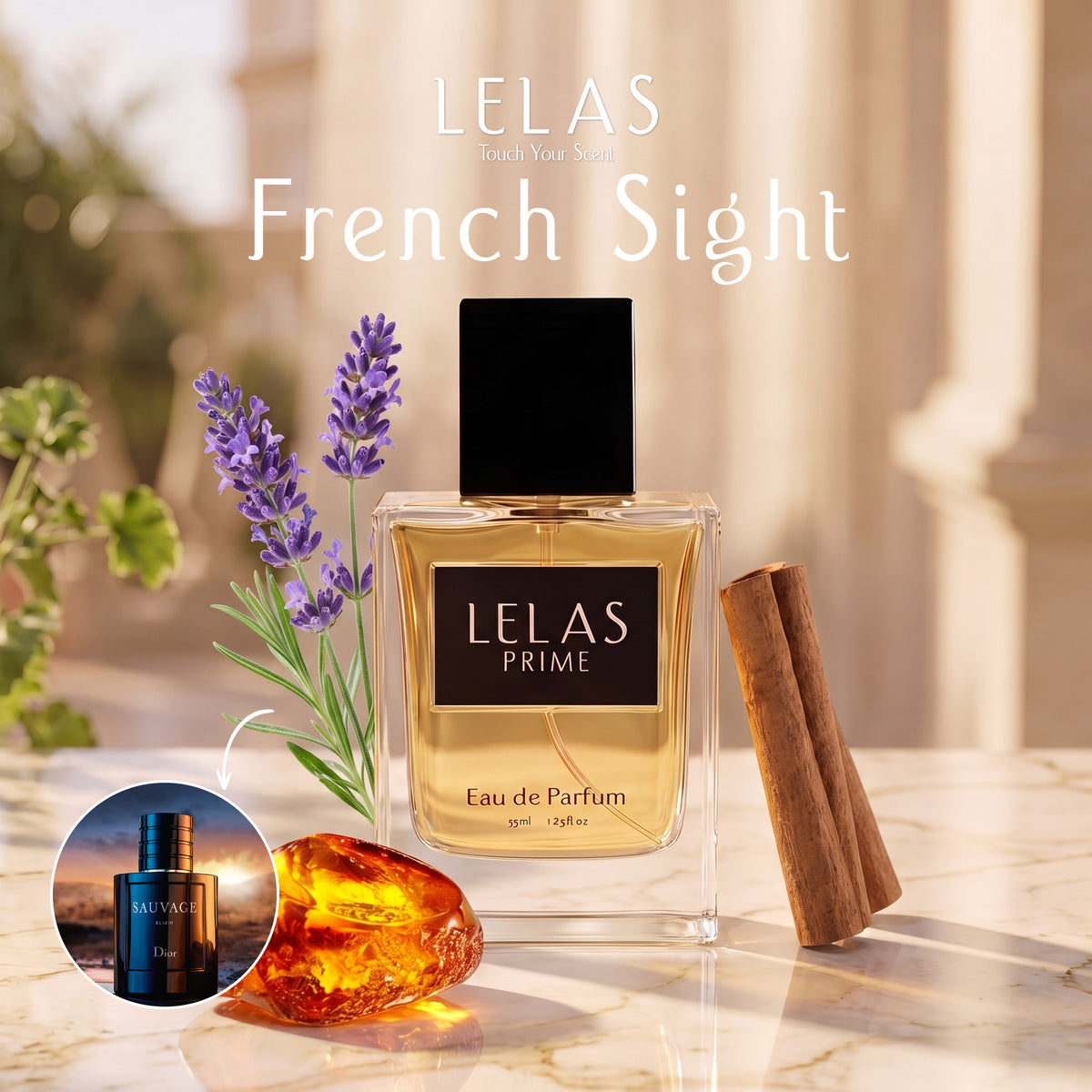 Lelas Prime French Sight Eau de Parfum bottle displayed on a marble surface with lavender, cinnamon sticks, and amber stone. The image includes the text 'LELAS French Sight' and a circular inset showing the perfume bottle against a sunset background.