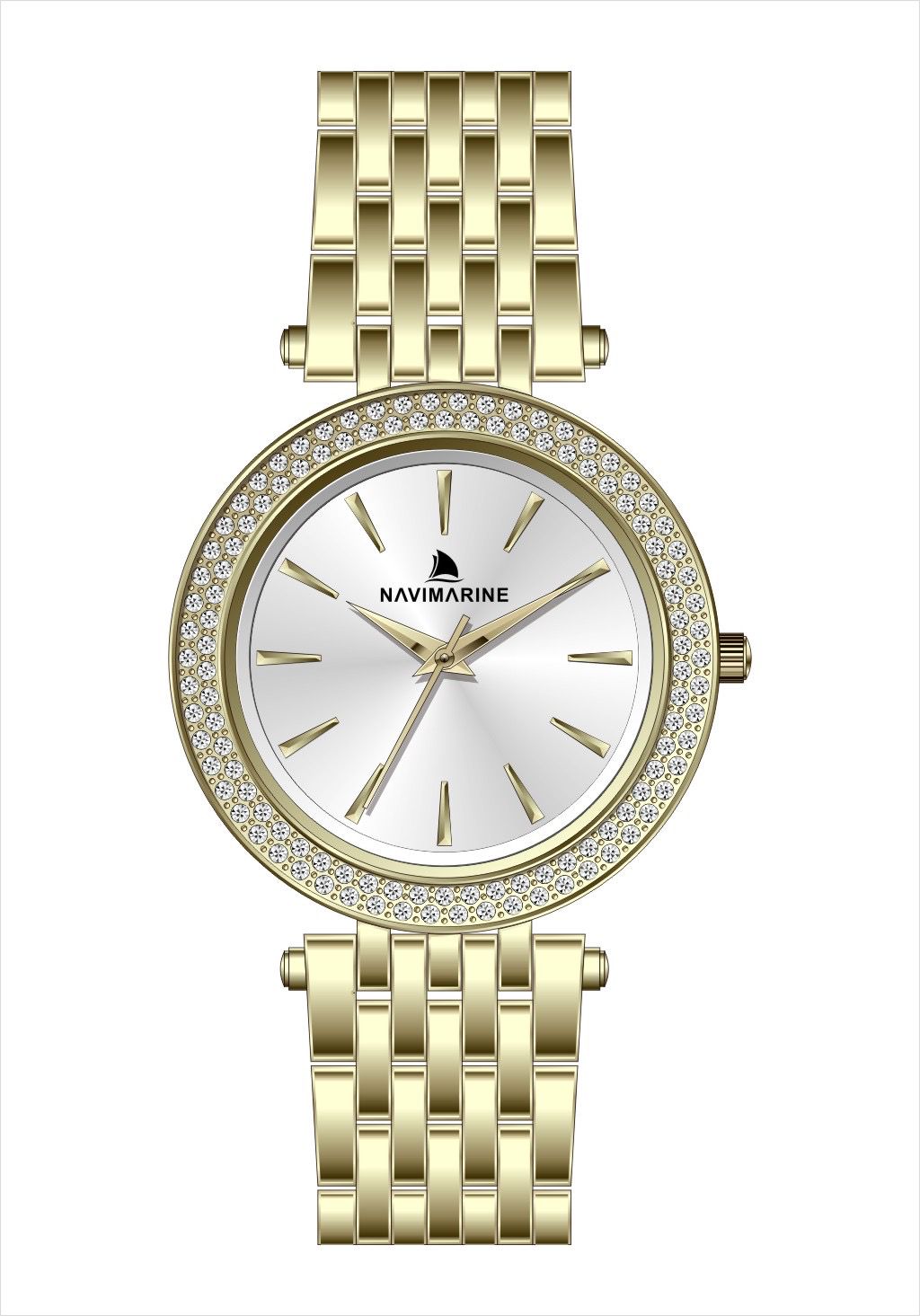 Gold wristwatch with a white face on a white background