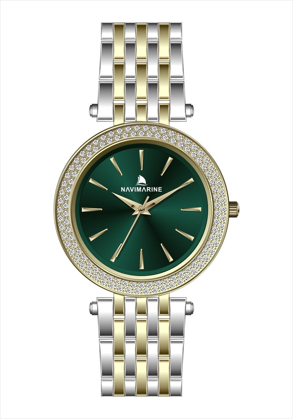 Navimagine watch with green dial and two-tone metal bracelet on a white background