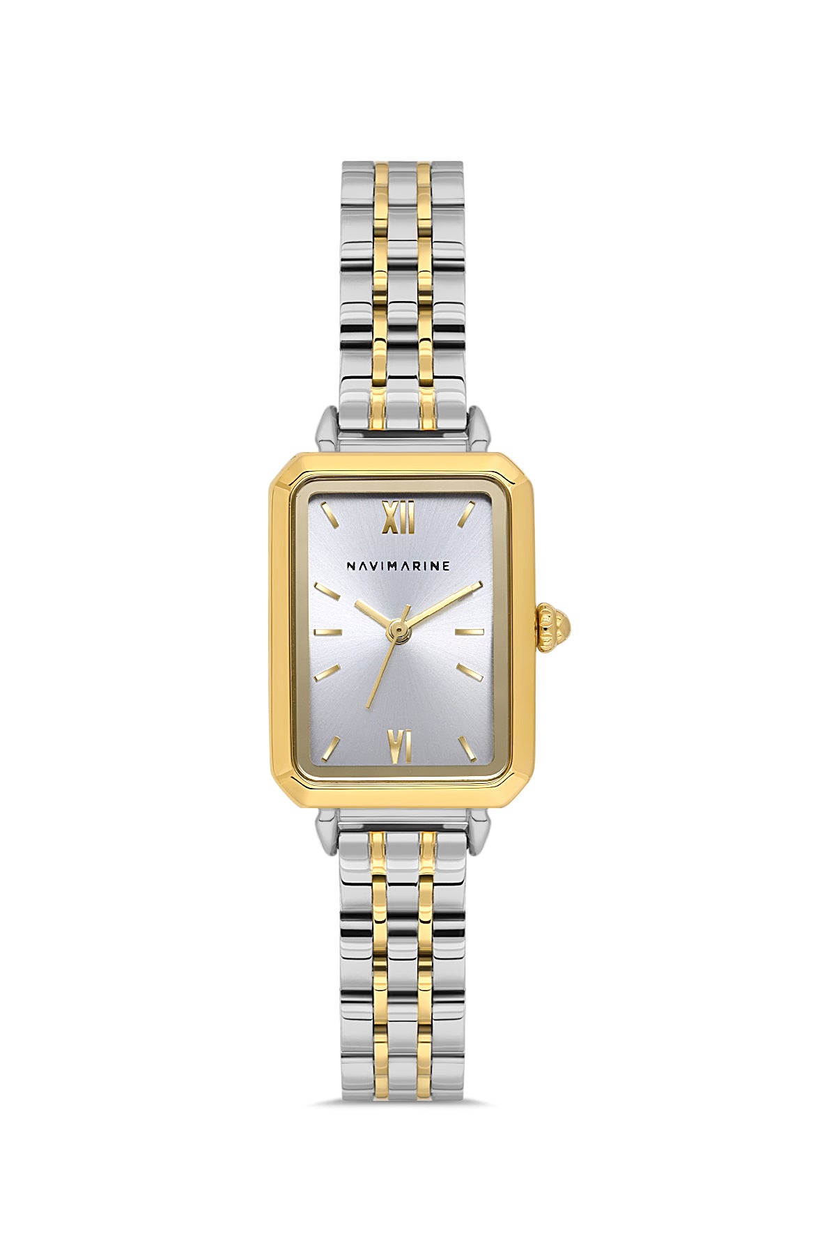 Two-tone watch with gold and silver band on a white background