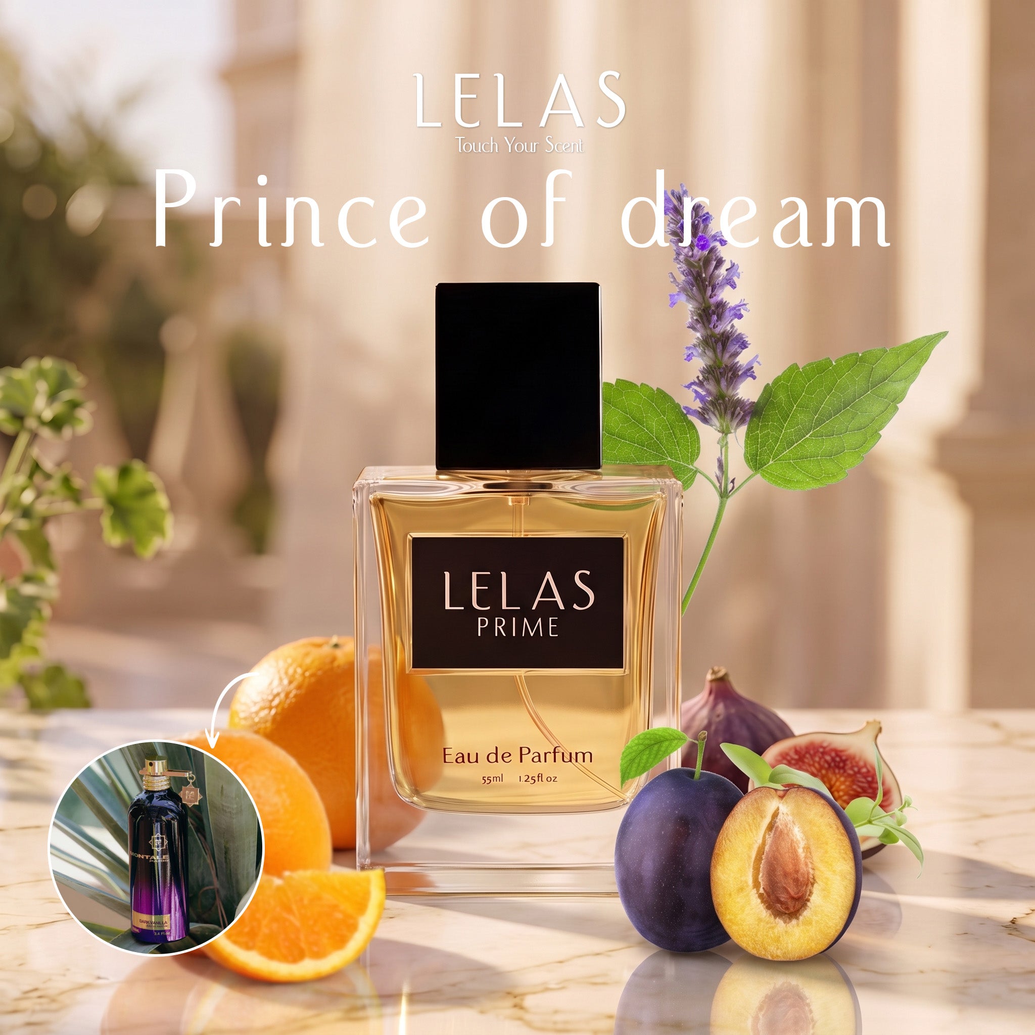 A bottle of LELAS PRIME Eau de Parfum is displayed on a marble surface with fresh figs, oranges, and a sprig of lavender, set against a warm, blurred architectural background. A circular inset shows the unboxed bottle with its cap off.