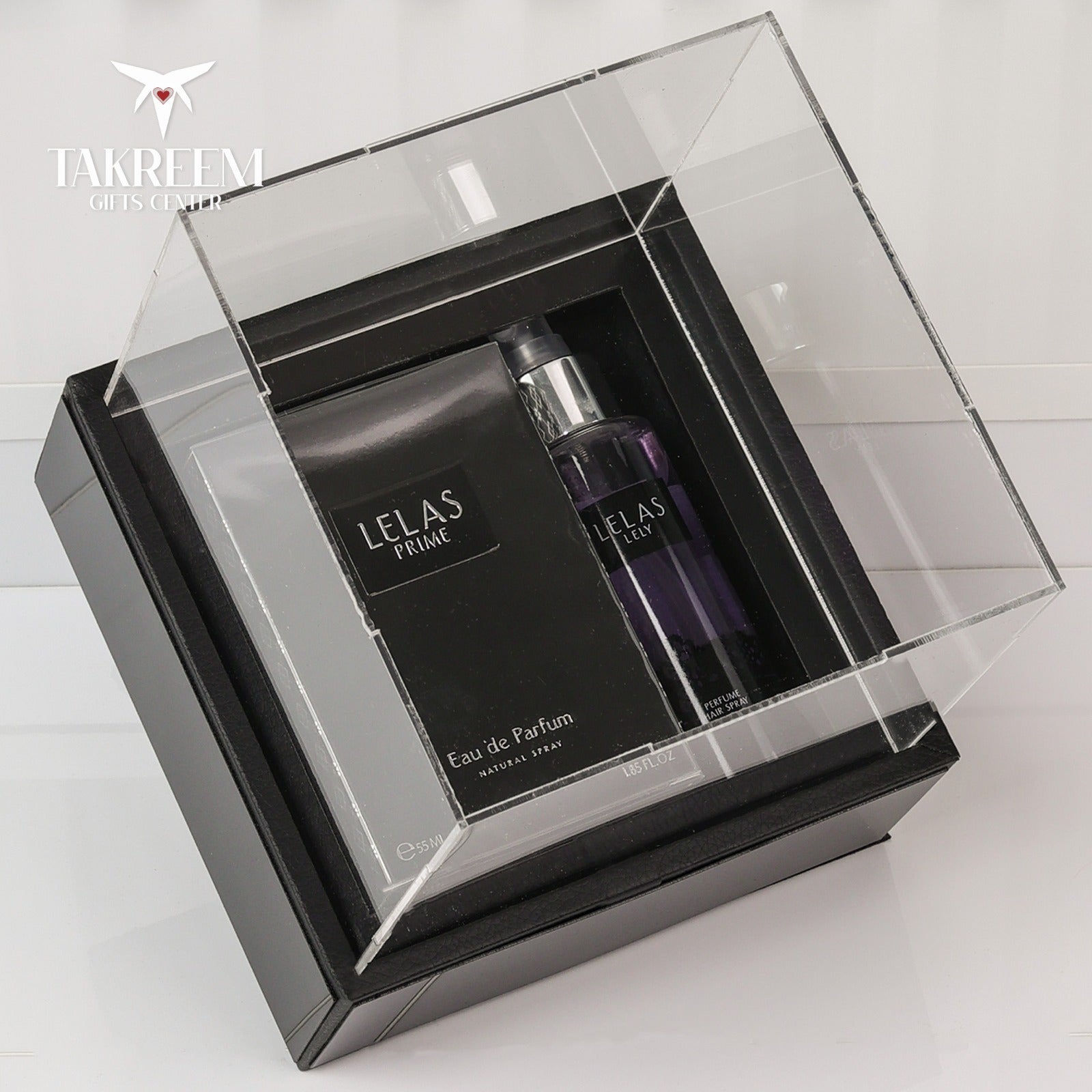 lely lelas Perfume bottle and packaging in a clear display case on a white background