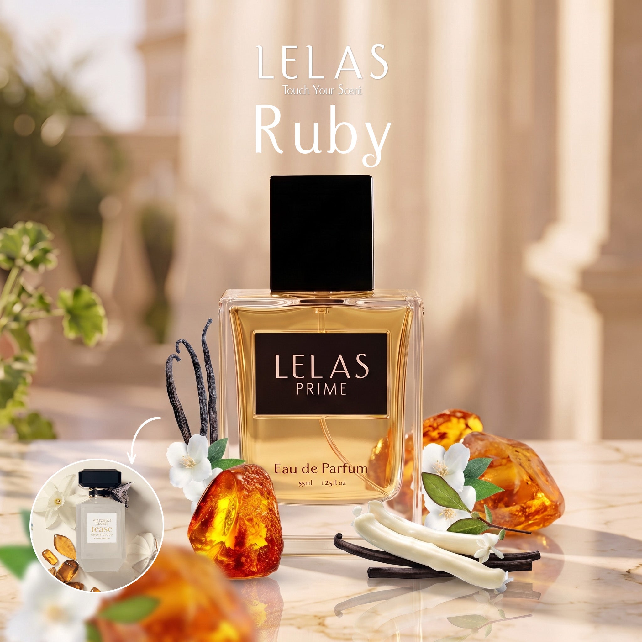 A bottle of LELAS PRIME Ruby Eau de Parfum is displayed on a marble surface with amber stones, vanilla beans, and white flowers. The background is a softly blurred warm-toned interior.