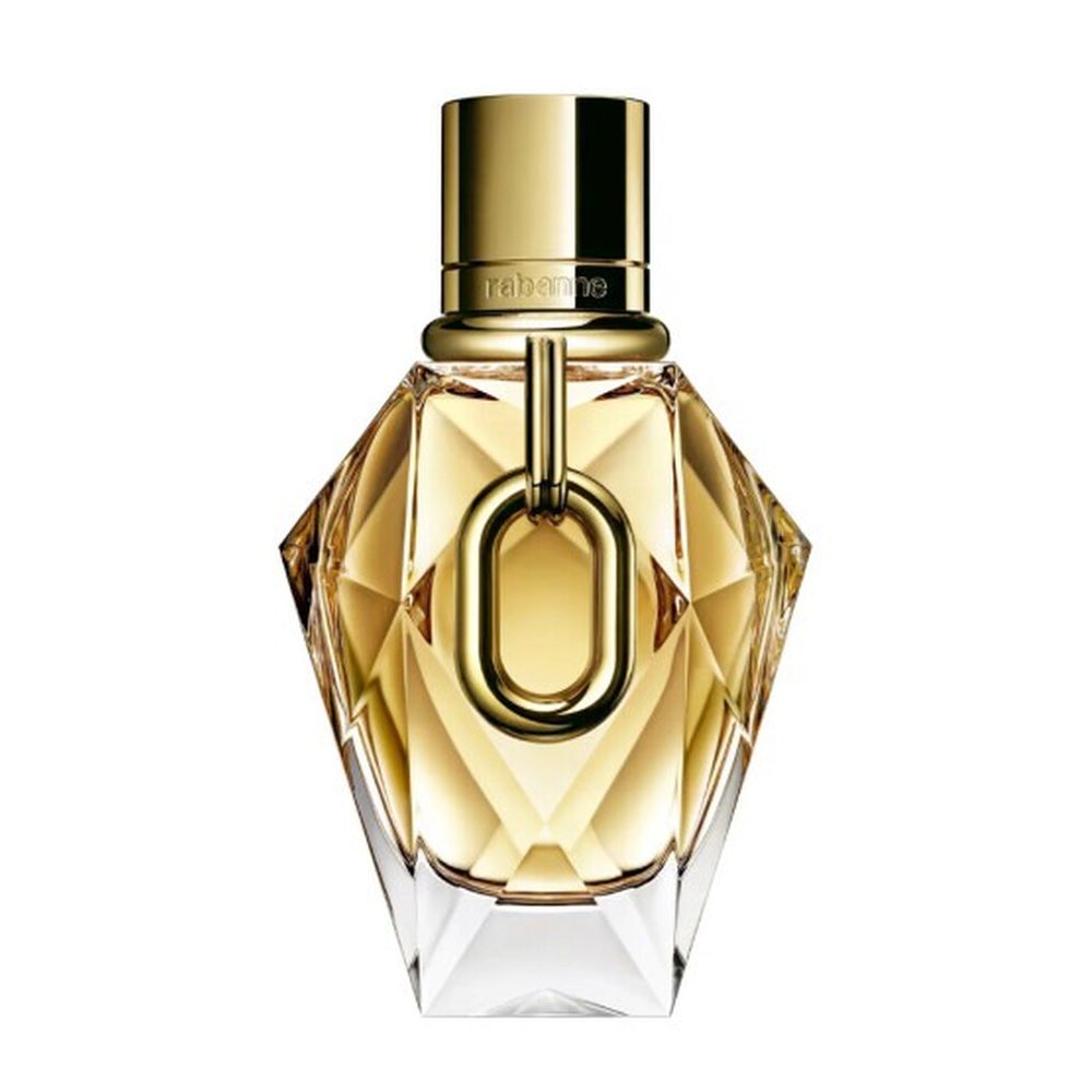 Gold perfume bottle with a white background