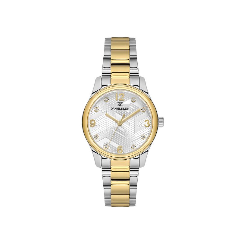 Two-tone watch with silver and gold band on a white background