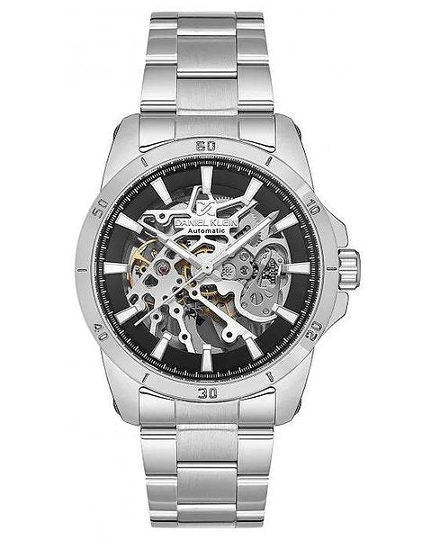 Silver wristwatch with a black face on a white background