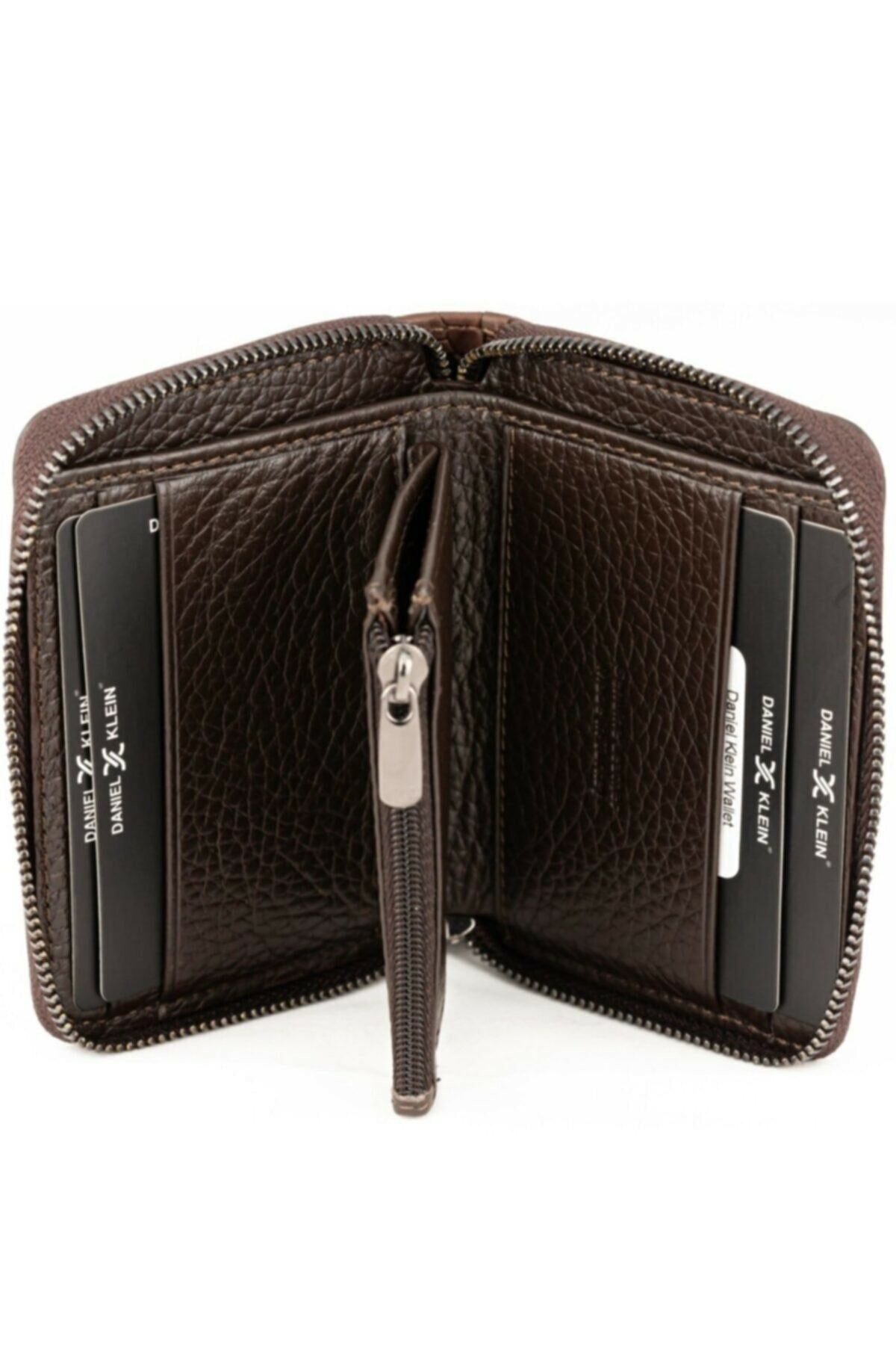 Brown leather wallet with card slots on a white background