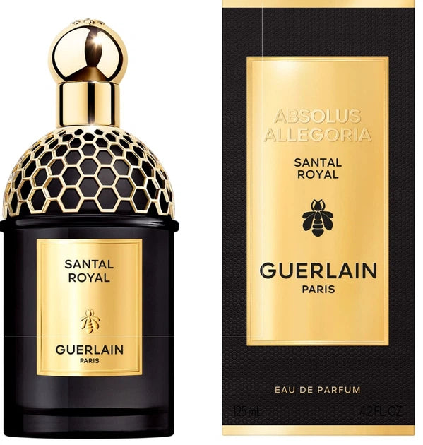 Guerlain Absolus Allegoria Santal Royal Eau de Parfum bottle next to its black and gold packaging box, featuring a black bottle with a gold honeycomb cap and gold label, and a matching black box with a gold panel.