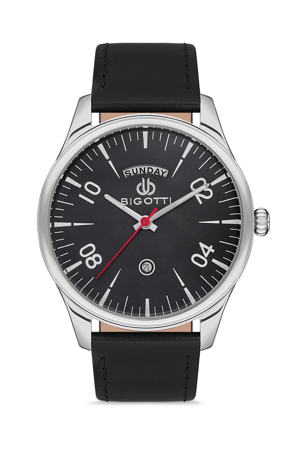Bigotti wristwatch with a black leather strap, silver stainless steel case, and a black dial featuring white Arabic numerals and a red second hand.