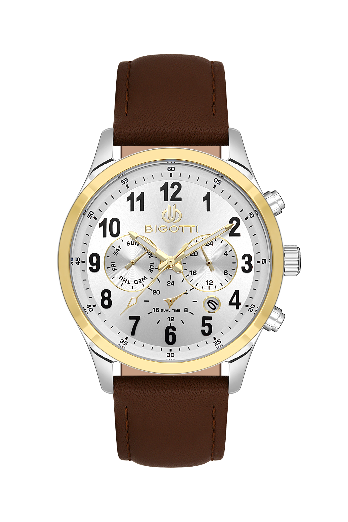 A men's analog chronograph watch by Bigotti, featuring a brown leather strap, a silver-toned stainless steel case with a gold-tone bezel, and a white dial with black and gold details.