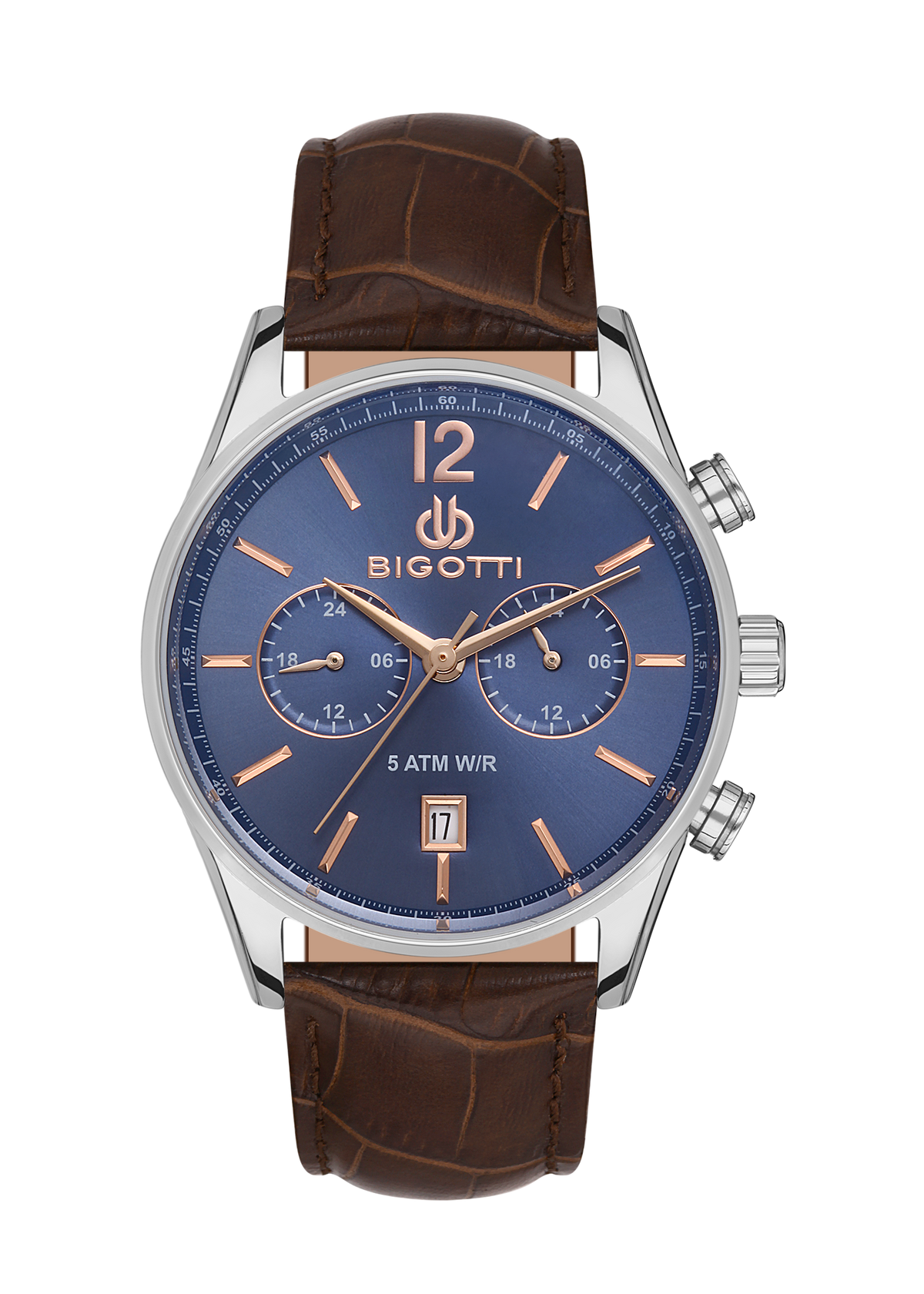 Bigotti men's chronograph watch featuring a blue dial, silver-tone stainless steel case, and a brown leather strap with an alligator pattern.