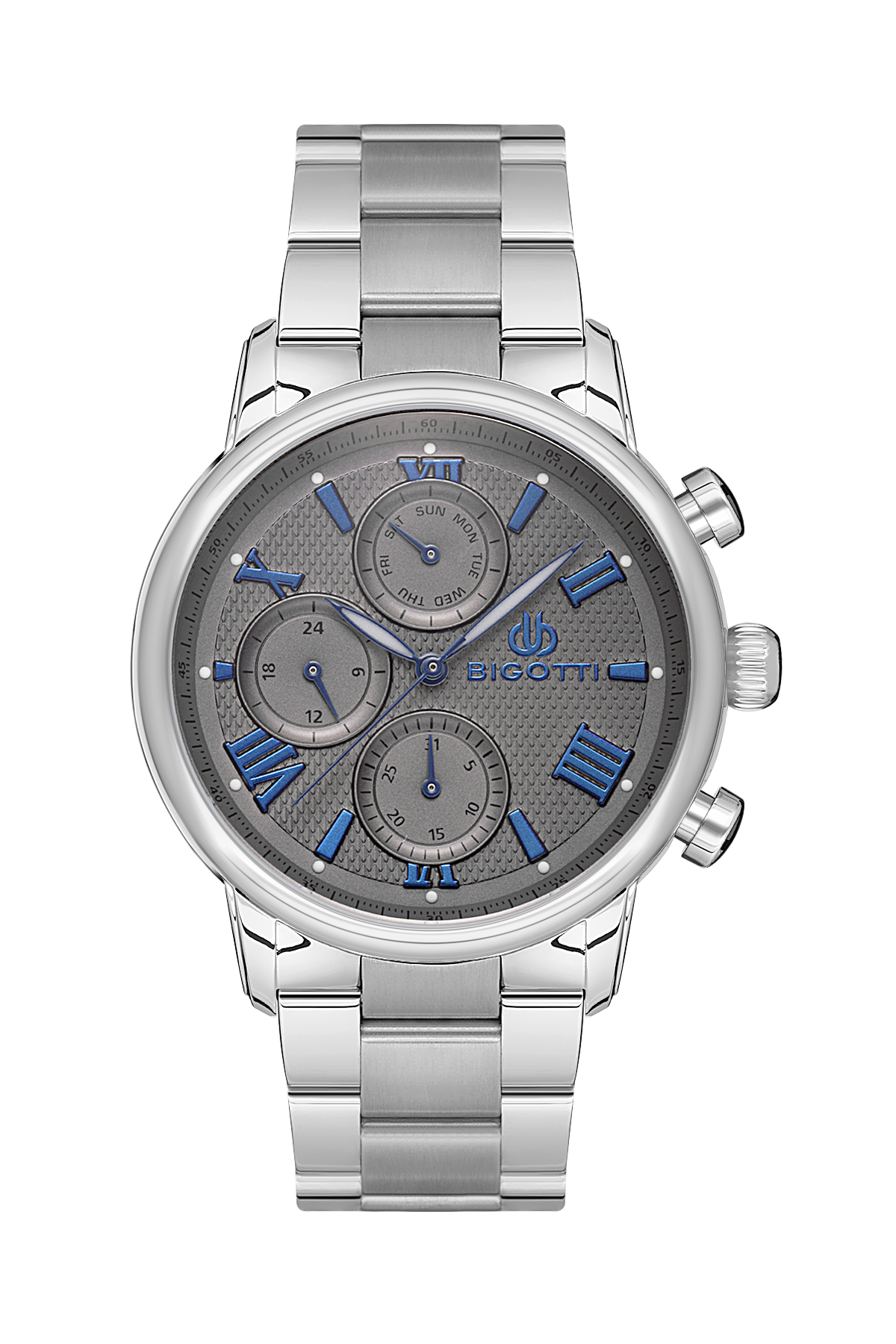 Silver watch with a gray face and blue accents on a white background