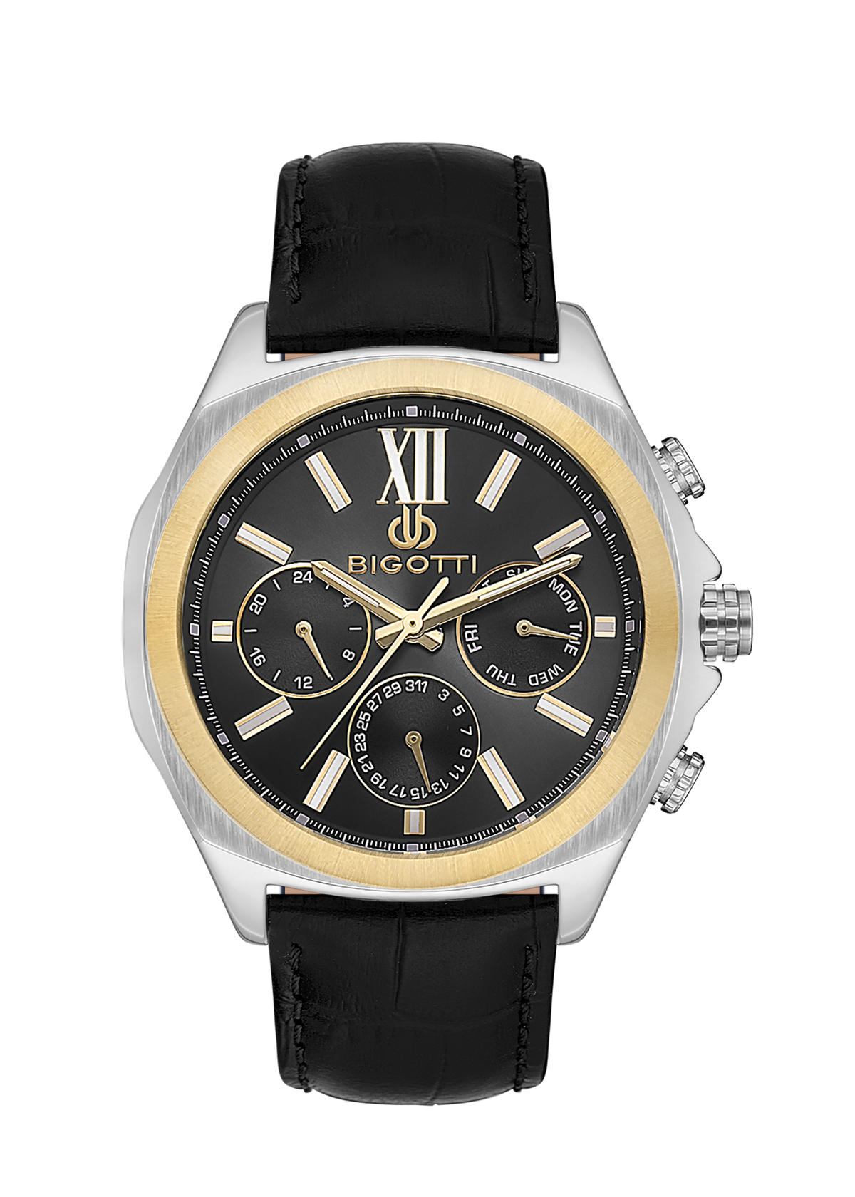 Bigotti men's chronograph watch featuring a black dial, a gold-tone bezel, a silver-tone stainless steel case, and a black leather strap, shown against a plain white background.