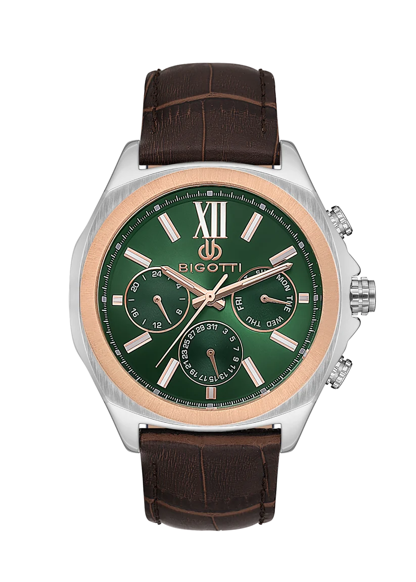Bigotti men's chronograph watch featuring a green dial, silver-tone stainless steel case, rose gold-tone inner bezel, and a brown leather strap.