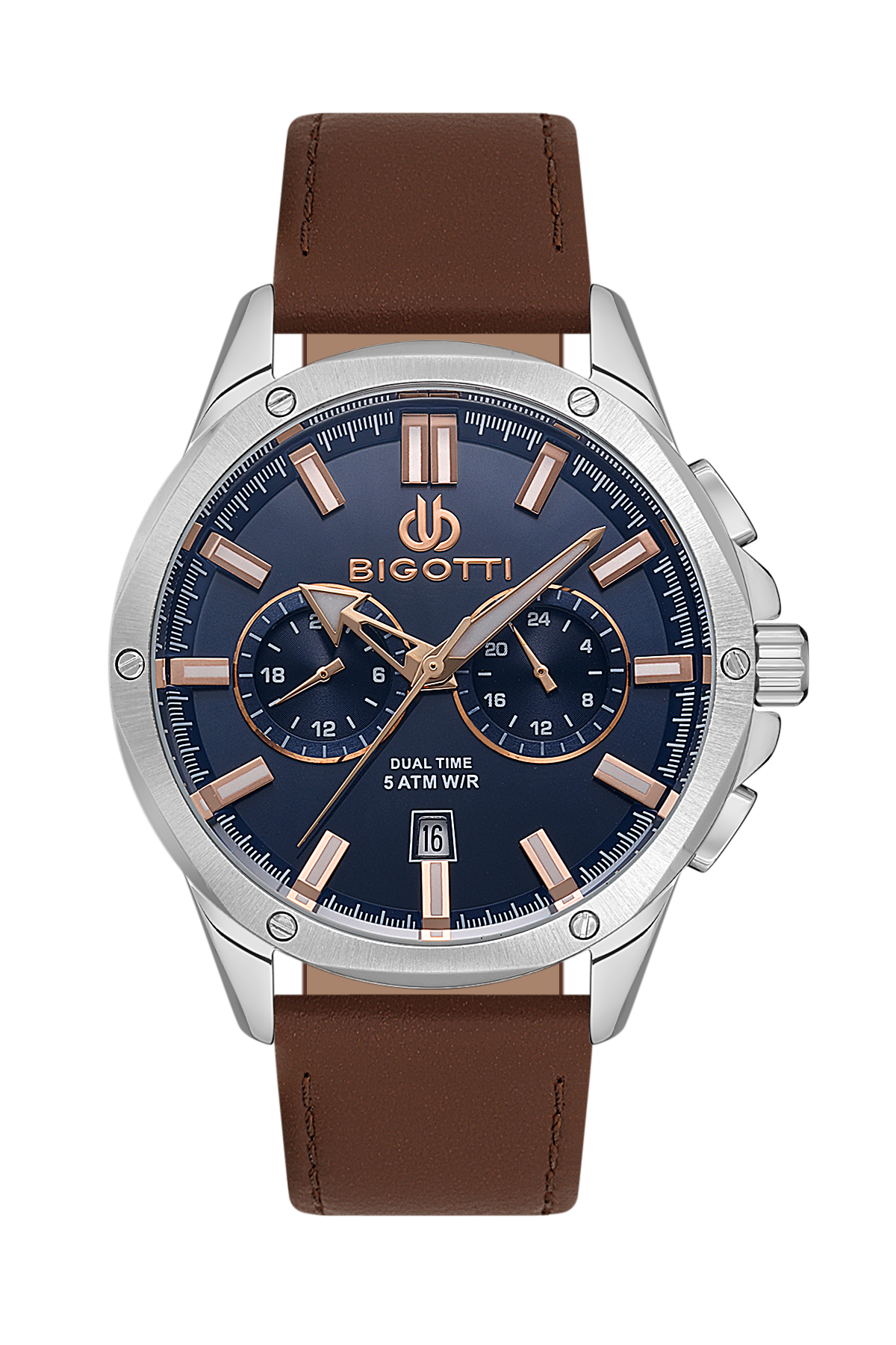 Bigotti watch with brown leather strap and blue dial on a white background