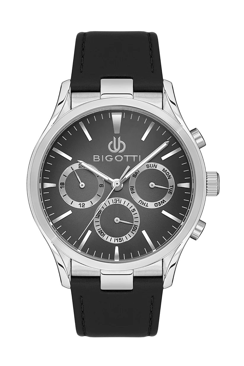 Bigotti men's chronograph watch featuring a silver-tone stainless steel case, a dark gray dial with three subdials, and a black leather strap, shown against a solid white background.