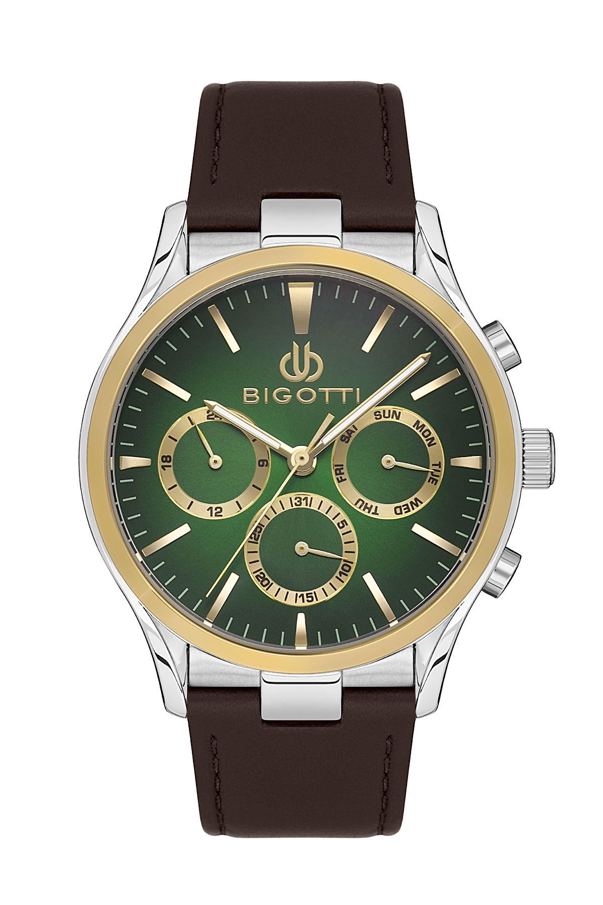 Bigotti men's chronograph watch featuring a dark green dial, gold-tone bezel and subdials, silver-tone case, and a brown leather strap, shown on a white background.