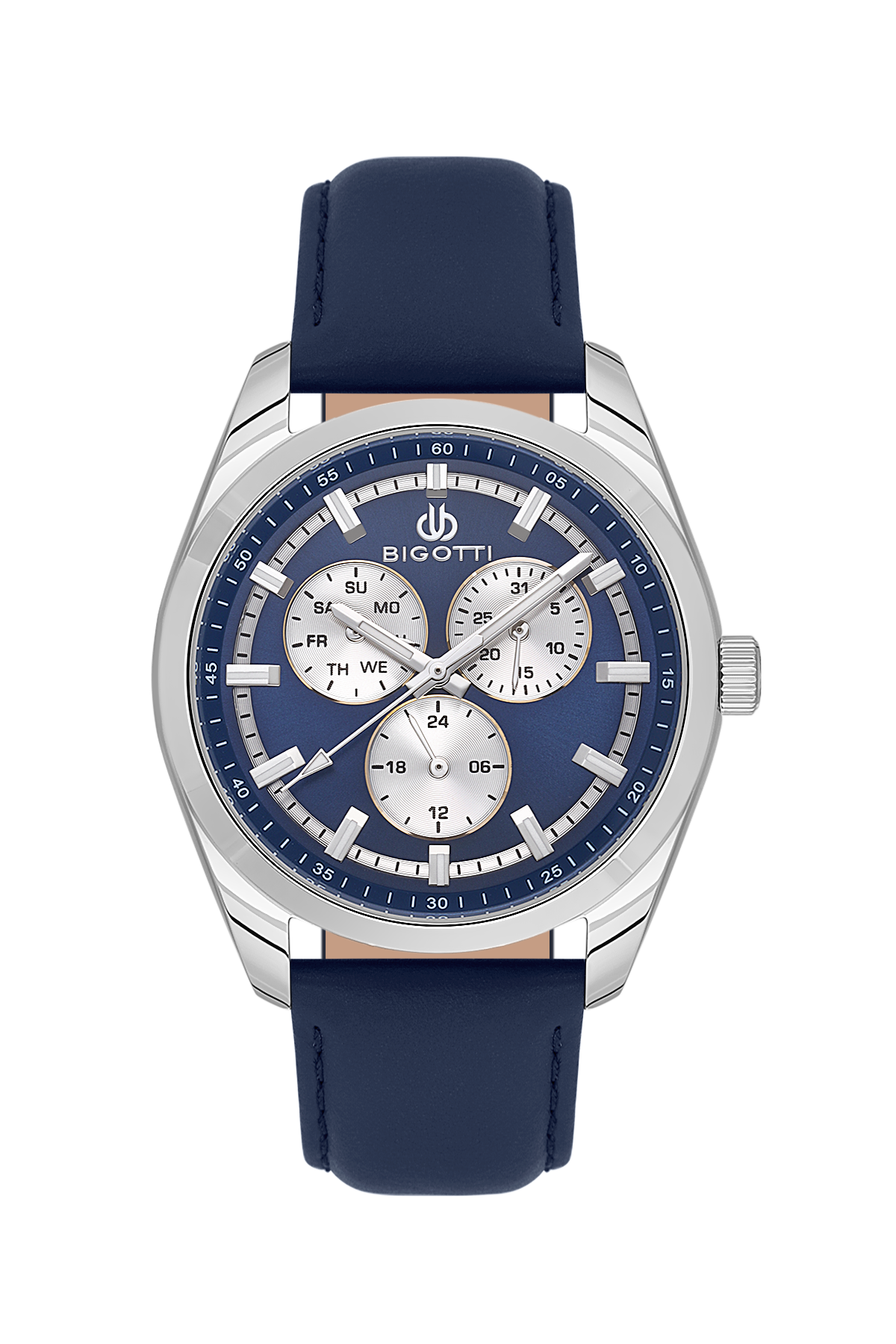 Bigotti wristwatch with a silver stainless steel case, a navy blue dial with three subdials, and a matching navy blue leather strap, shown against a plain white background.