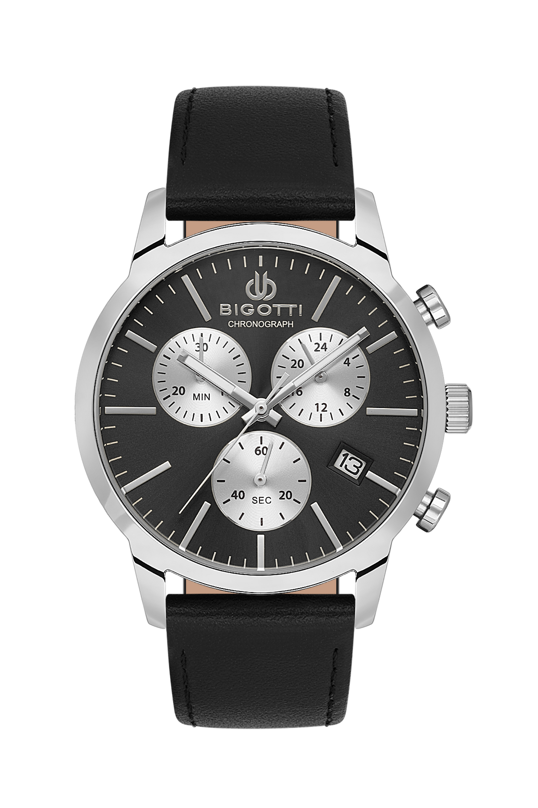 Bigotti watch with black leather strap and black dial on a white background