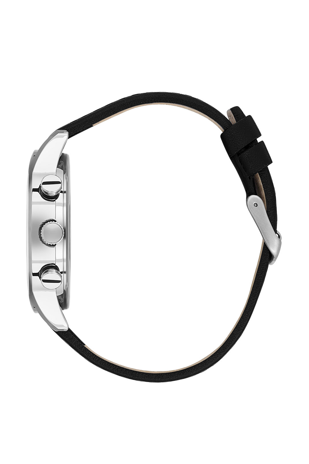 Wristwatch with black strap and silver case on a white background