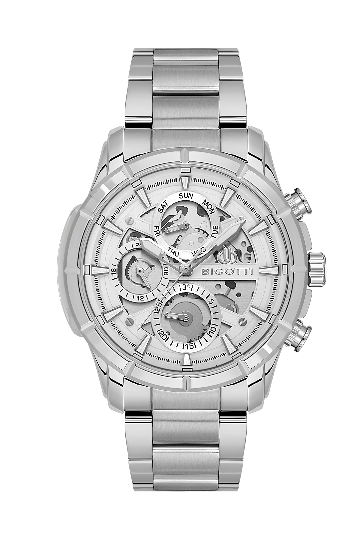A silver stainless steel analog watch with a skeleton dial, featuring multiple sub-dials, a date window, and a matching metal link bracelet on a plain white background.