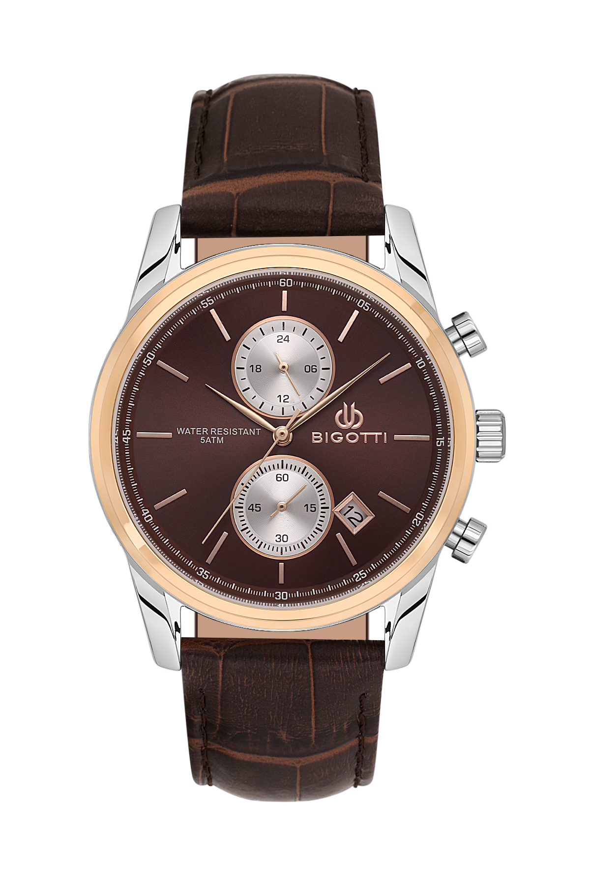Bigotti watch with brown leather strap and brown dial on a white background