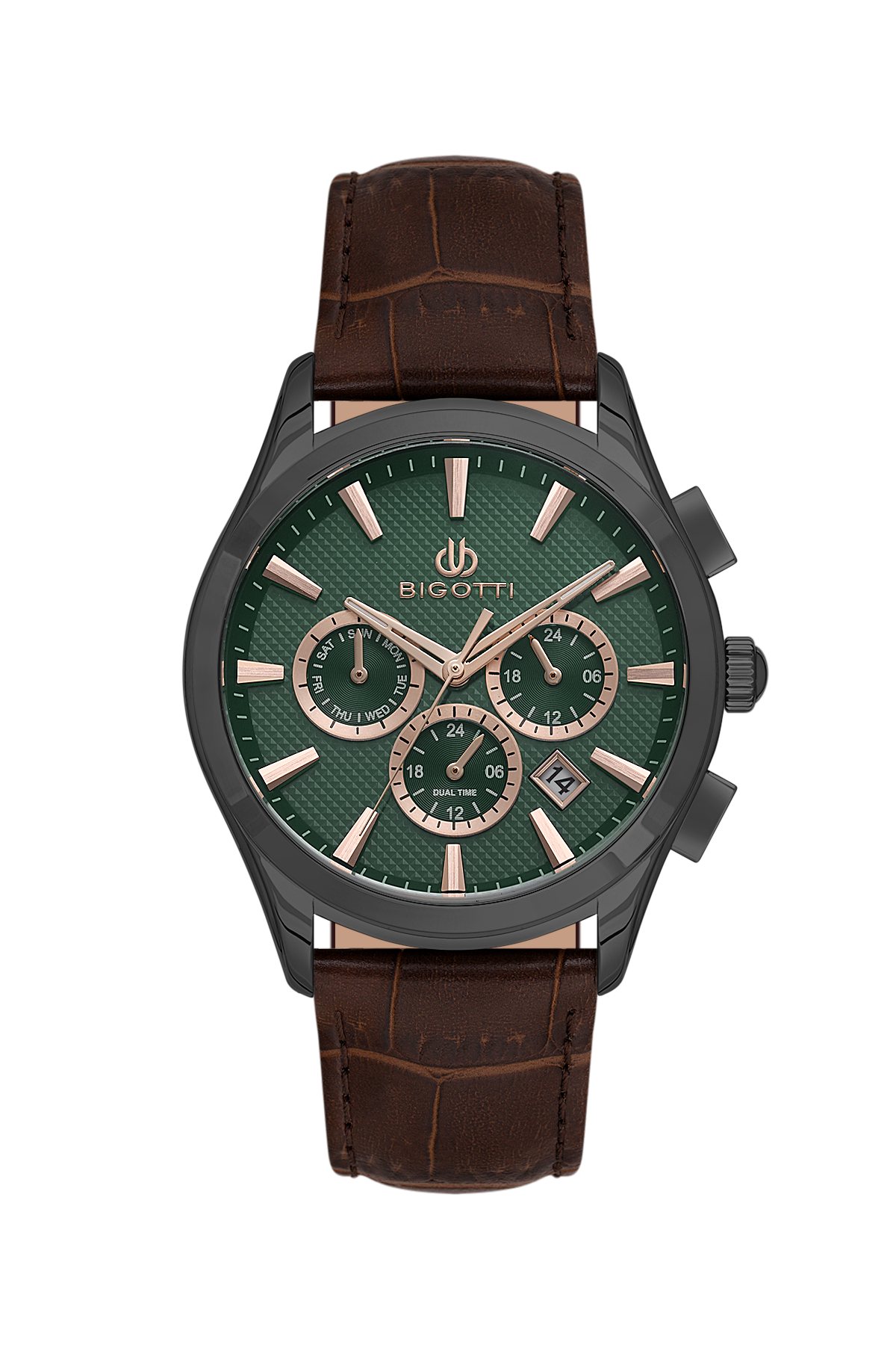Green watch with brown leather strap on a white background