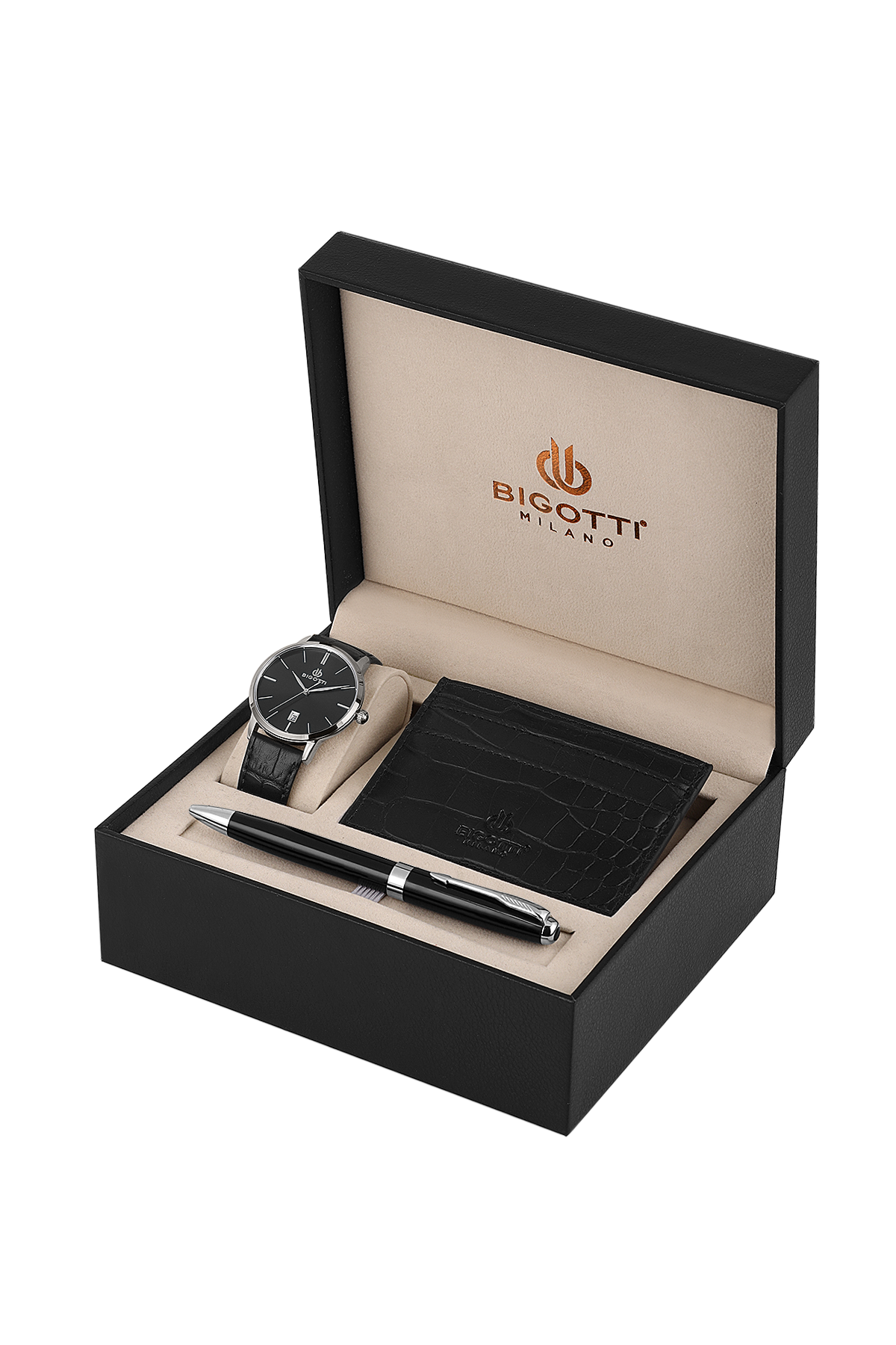 Luxury gift set with watch, pen, and wallet in a Bigottini box on a white background
