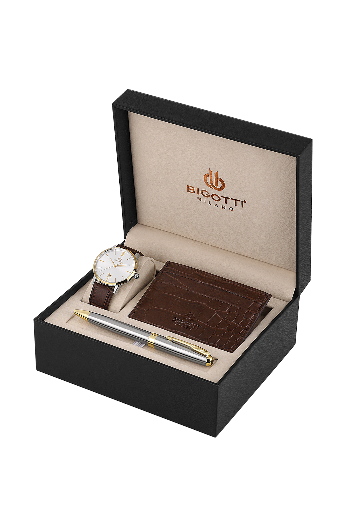 Gentlemen's accessories set with watch, pen, and wallet in a Bigottt box on a white background