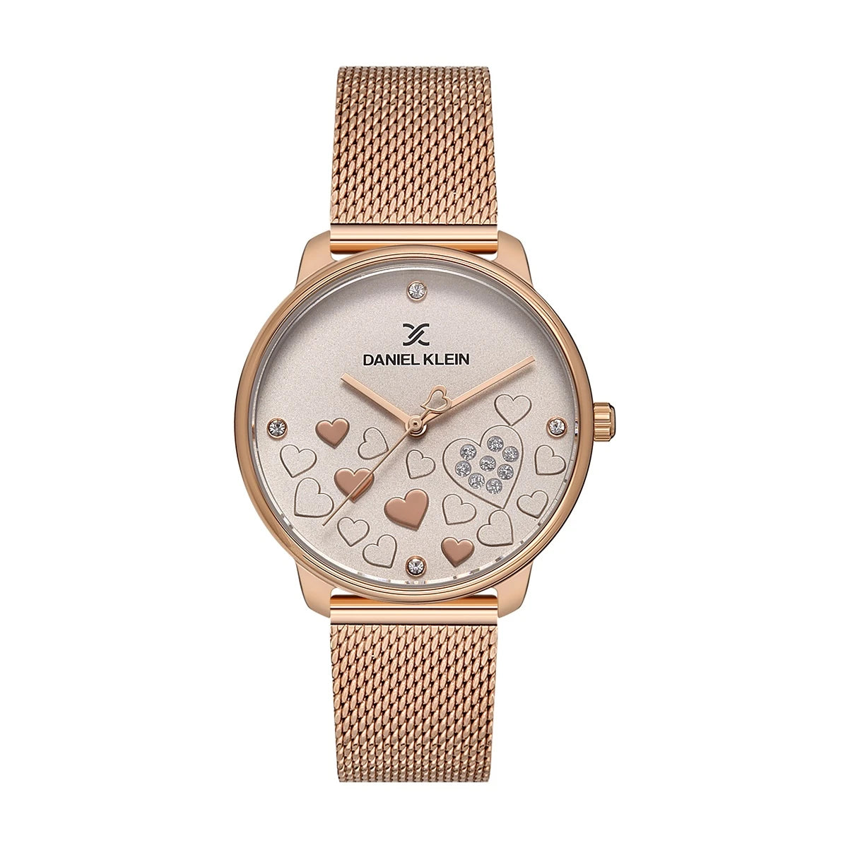 Rose gold watch with heart design on the Daniel Klein brand on a white background
